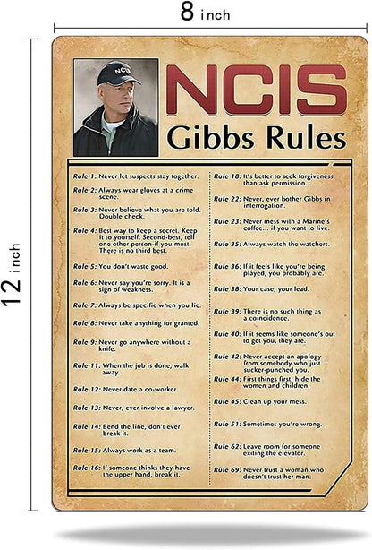 Retro Poster Tin Sign, NCIS-Gibbs-Rule Printed Canvas Decoration, Funny Family Cafe Kitchen Bathroom Wall Decor 8x12
