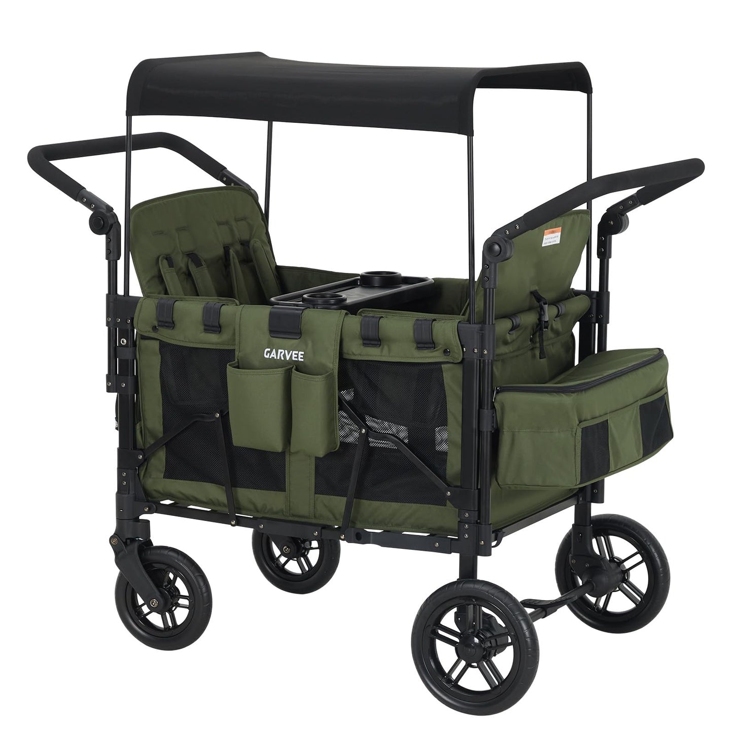 Stroller Wagon for 4 Kids, Premium Quad Stroller Wagon with 4 Convertible Seats, Adjustable Push/Pull Handles, 5-Point Harness Belt, Snack Tray, Removable Canopy & Flat Fold, One-Step Brake, Green