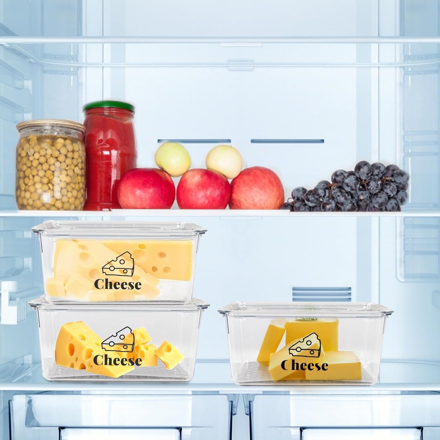 Yomjarl 3 Pack Cheese Container Airtight with Draining Basket Cream Block Cheese Sliced Cheeses Box with Lid Saver
