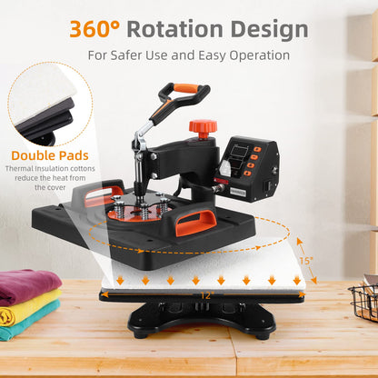 PIONEERWORKS Heat Press Machine 12 X 15 inch, 6 in 1 Shirt Printing Heat Transfer Machine 360° Swing Away, Digital Industrial-Quality Shirt Pressing Machine for Shirt, Hat, Mug, Plate, Orange