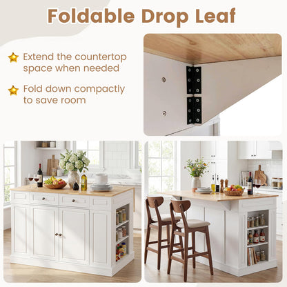 Giantex Kitchen Island with Storage & Drop Leaf, 48" Stationary Island Table with Rubber Wood Top, 2 Drawers, Cabinet, Adjustable Shelf, Butcher Block Island for Living Dining Room, Bar (White)