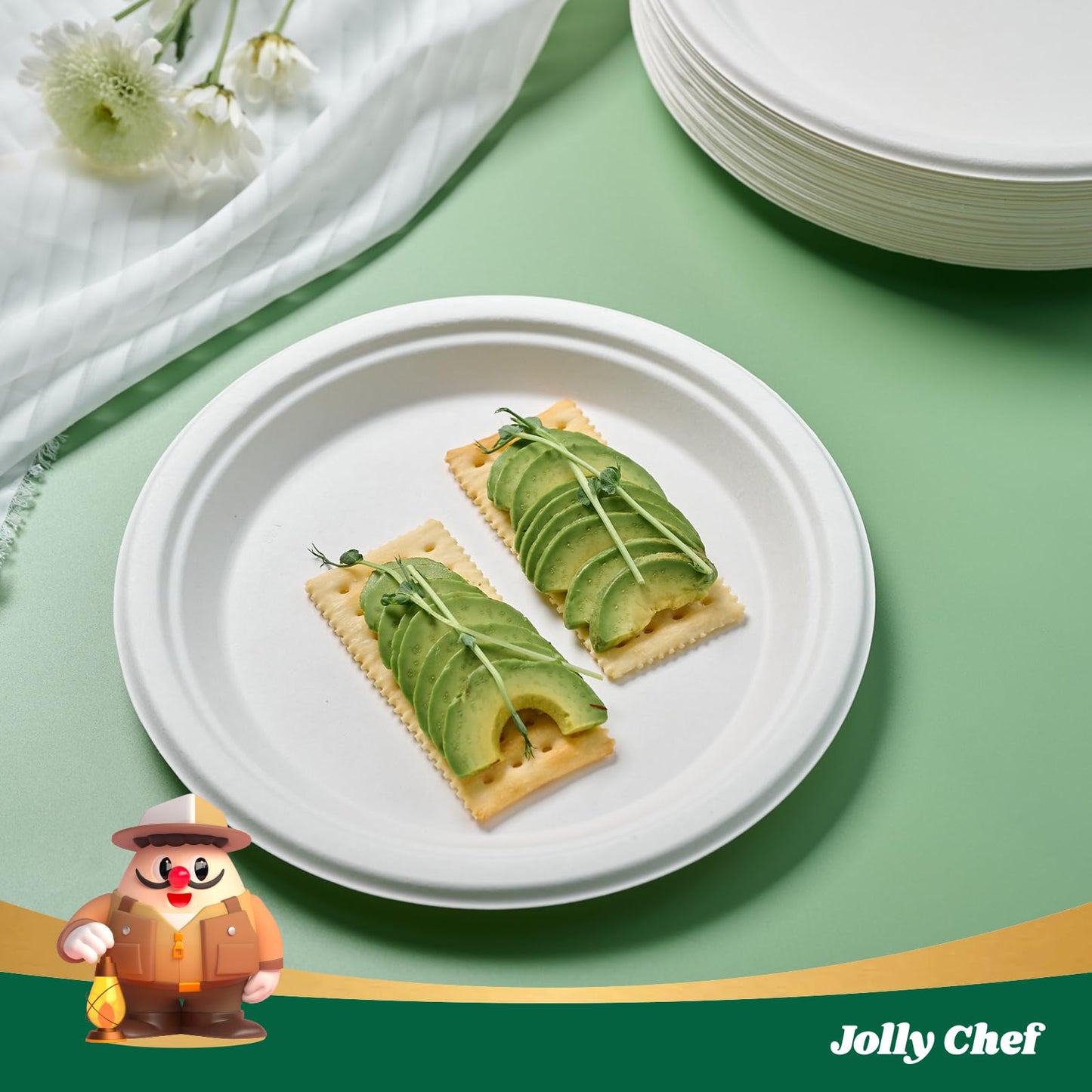 JOLLY CHEF Compostable Heavy Duty Plates 𝟭𝟬 𝗜𝗻𝗰𝗵 [𝟭𝟮𝟱 𝗣𝗮𝗰𝗸] Eco-Friendly Disposable White Paper Plates Made of Bagasse Biodegradable for Party Dinner Sugarcane Fibers Thanksgiving Day