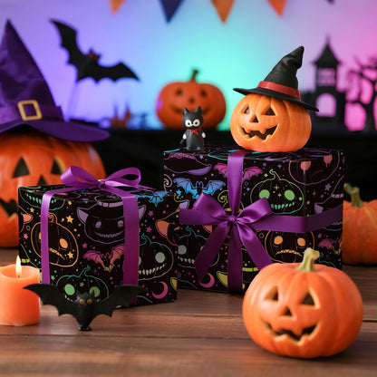 LeZakaa Halloween Pumpkin Wrapping Paper Roll, 13" Gift Bag with Tissue Paper, Gift Tag, and Card, Evil Pumpkin Fluorescent Black Design for Halloween, Holidays, Party