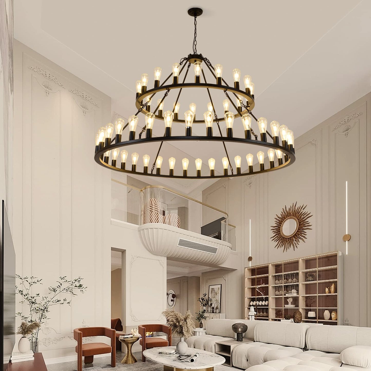 WOGON WEEL Wagon Wheel Chandelier 2 Tier 54-Light 60-inch, Farmhouse Industrial Chandelier Black Rustic Pendant Light Fixture Extra Large for High Ceilings, Living Room Foyer