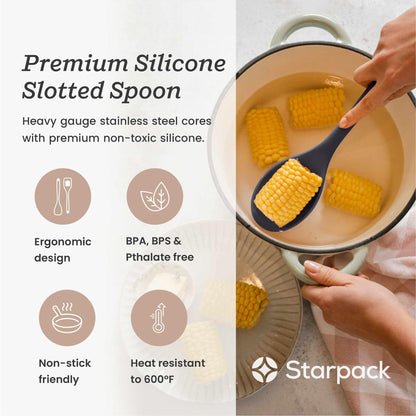Starpack 'Let it Drain' Silicone Slotted Spoon - Large Slotted Spoon for Cooking Heat Resistant to 600°F - Silicone Slotted Serving Spoons, Non Stick Slotted Cooking Spoon