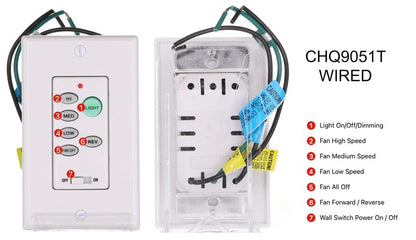 Anderic UC9051T Wired Wall Switch Ceiling Fan Remote Control | 3-Speed Fan, Light Dimmer, Reverse | Works with FAN28R, FAN18R, FAN30R, UC7067FMRX Receivers | Replacement for UC9050T