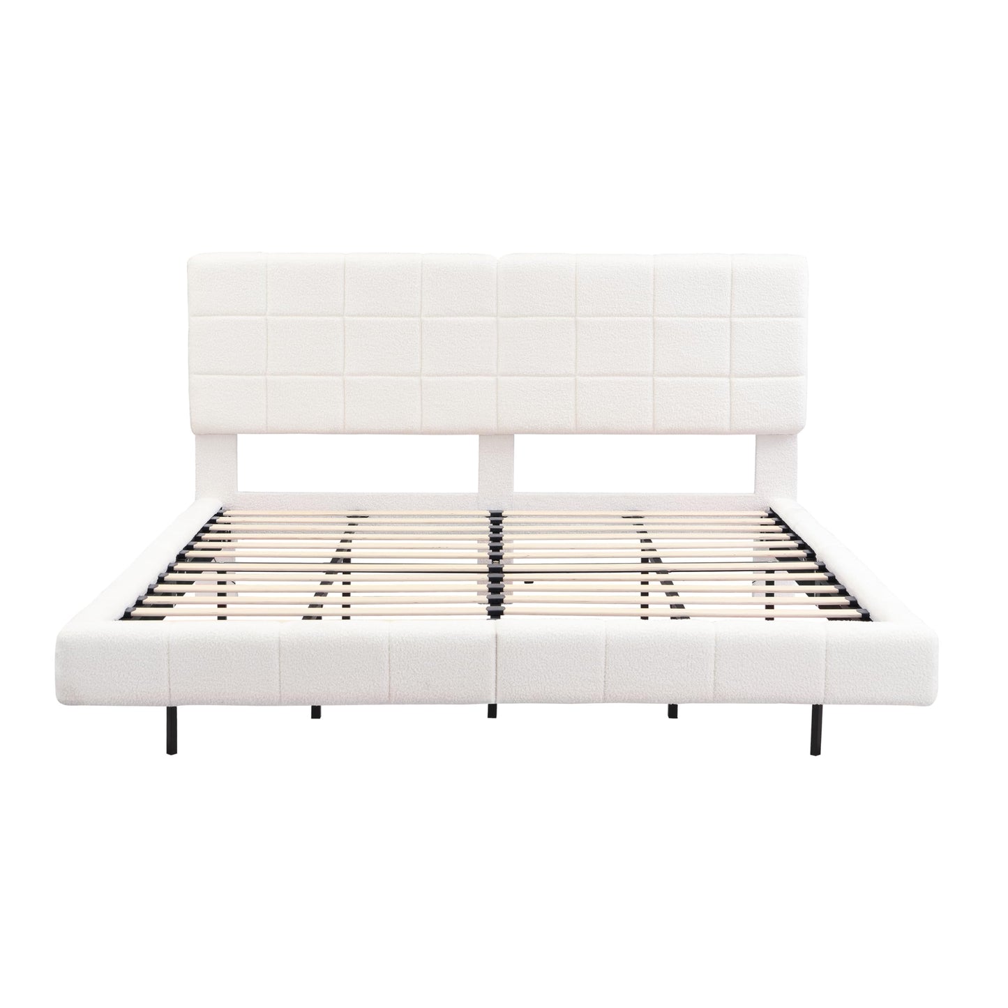 Merax King Size White Boucle Upholstered Platform Bed with Tall Headboard, Modern Floating Bed Frame with LED Lights for Bedroom, Solid Wood Slats Support, No Box Spring Needed, Easy Assembly