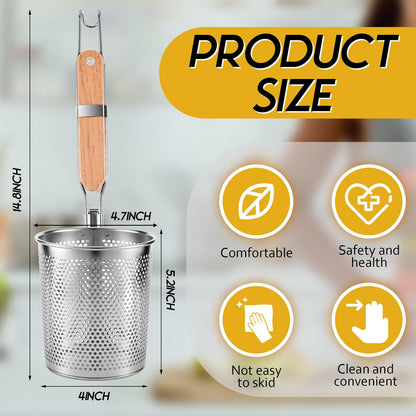 Tessco 4 Pcs Pasta Strainer, 4.7" x 5.2'' Stainless Steel Pasta Basket Mesh Cooker with Wood Handle, Spider Strainer Kitchen Skimmer for Food Dumpling Noodle Blanching(Light Color)