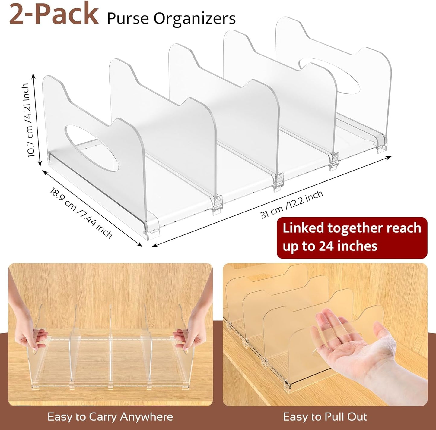 2-Pack Closet, Closet, SURETIVIAN Purse Organizers for Adjustable Small Shelf Divider Rack for Clear Handbag Storage