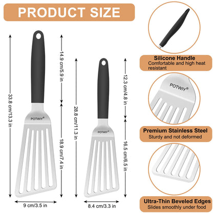 POTWIY Stainless Steel Spatula Set, 13.3" Large & 11.3" Small Slotted Fish Turner with Silicone Handle, Metal Spatulas for Kitchen, Grilling, Cooking Utensils Flipper for Fish, Egg, Pancake (2 Pack)