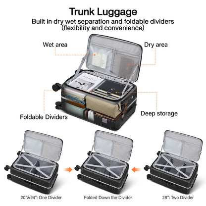 Hanke 28 Inch Checked Luggage with Cup Holder and USB Ports, Top Opening Hard Shell Suitcase with Wheels, Aluminum Frame Large Trunk Luggage with Foldable Divider & TSA Lock for Travel, Jet Black