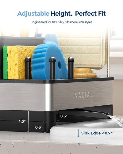 Nacial Kitchen Sink Caddy Organzier with High Brush Holder, Sponge Holder for Kitchen Sink with Two Towel Racks - Rustproof 304 Stainless Steel Kitchen Countertop Storage Essentials