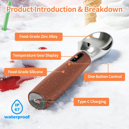 Heated Ice Cream Scoop Rechargeable, IP67 Waterproof Electric Warming Ice Cream Scooper with LED Display, Heats to 70°C for Hard Ice Cream, Easy for Seniors & Kids (Brown)