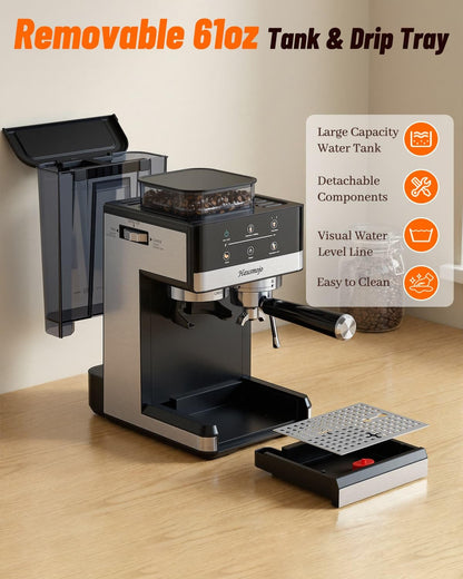 Hausmojo Espresso Machine with Grinder & Milk Frother, 20 Bar