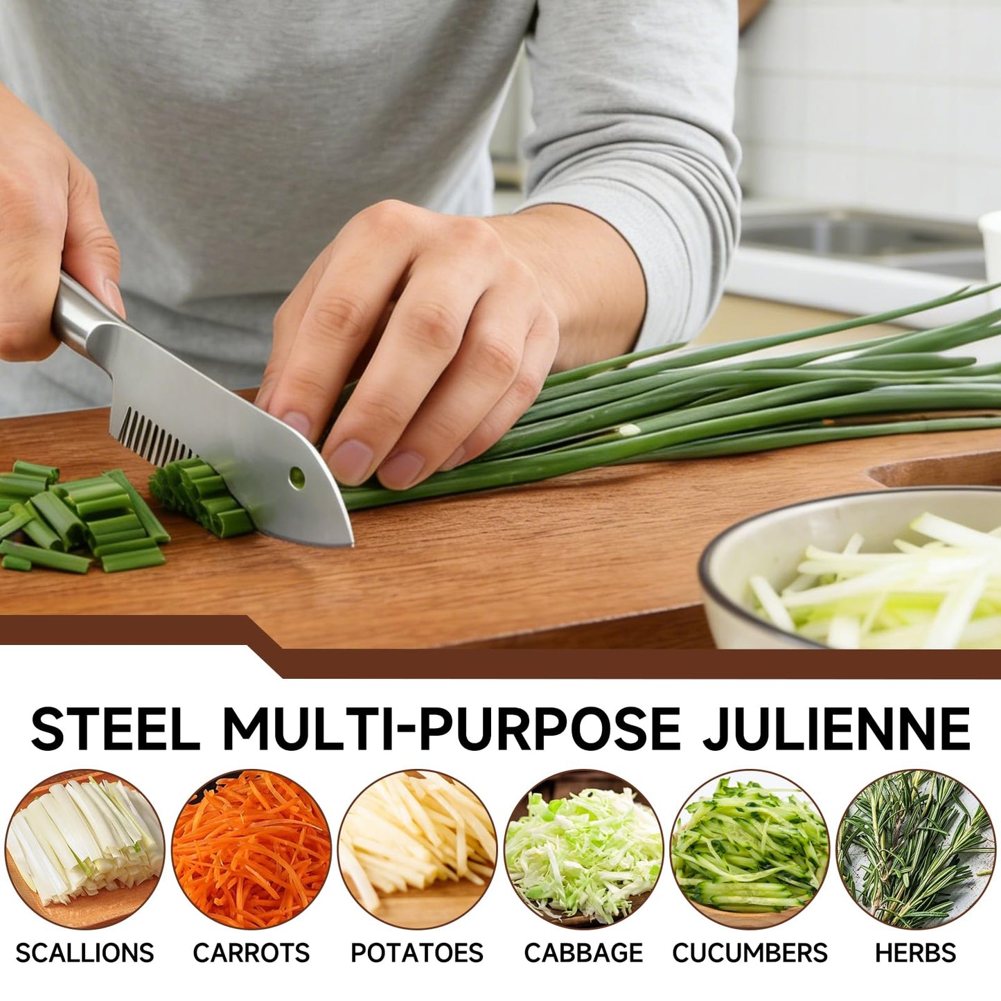 Stainless Steel Multi-Purpose Julienne Peeler, handheld peeler shredder, quick vegetable slicer for kitchen. Comfortable handle and hanging holes, suitable for fruits, vegetables, and herbs. (1)