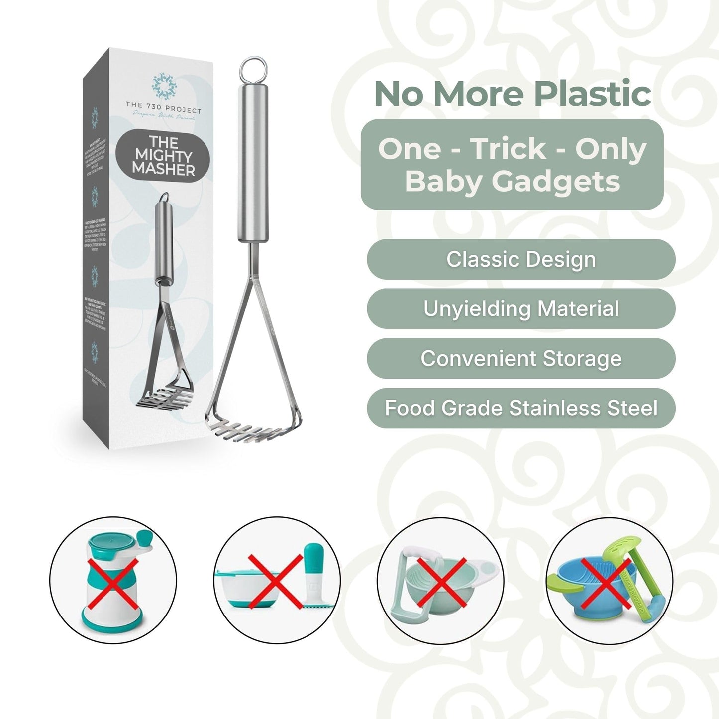 The 730 Project Mighty Masher, Baby Food Masher for Starting Solids Essentials, Baby-Led Weaning Mini Avocado and Potato Masher, Stainless Steel Potato Smasher Tool