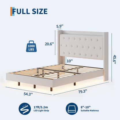 GAOMON Floating Bed Frame Full Size with LED Lights, Velvet Upholstered Platform Full Bed Frame with Wingback Storage Headboard, No Box Spring Needed, Easy Assembly, White
