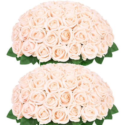 50 Pcs Champagne Roses Artificial Flowers, Real Touch Velvet Roses Bouquet Fake Flowers Bulk, Artificial Roses with Long Stems for Birthday Gift Women Mom DIY Bridal Wedding Centerpiece Decorations