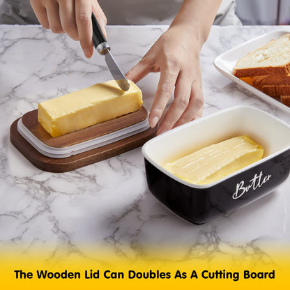 ALELION Black Butter Dish with Lid and Knife for Countertop - Airtight Ceramic Butter Keeper Container with Thick Acacia Wood Lid for Counter or Fridge - for Farmhouse Kitchen Decor and Accessories