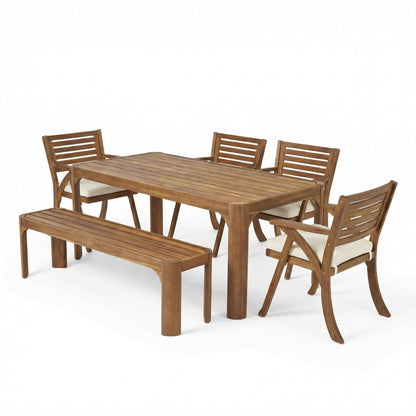 Christopher Knight Home Outdoor 6 Piece Dining Set – 70" Acacia Wood Table with 4 KD Chairs Include Cushions & 57" Bench, Teak Finish Patio Garden Backyard Furniture Set