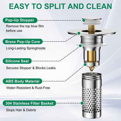 Bathroom Sink Drain Strainer,Universal Pop-Up Sink Stopper Hair Catcher, Anti-Clog Stainless Steel Drain Filter Basket, Removable Sink Drain for Bathroom Sink Stopper