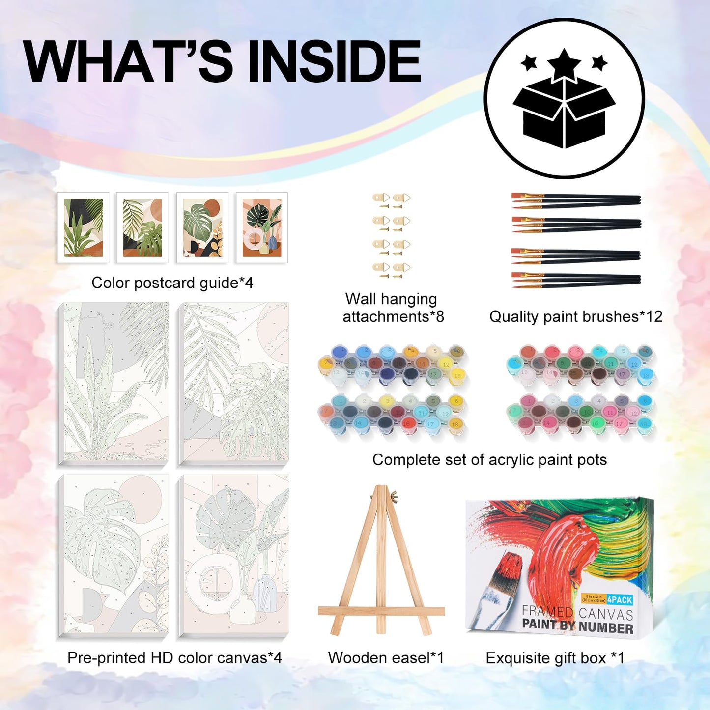 4 Pack Framed Paint by Numbers Kit for Adults Beginner with Wooden Easel, Green Plant Paint by Number Kits with Frame, DIY Acrylic Simple Painting by Numbers for Home Wall Decor Gift 8x12 inch