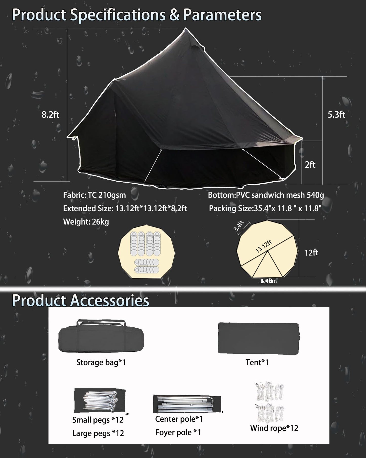 Kanggogo Canvas Tent,Bell Tent Yurt with Stove Jacks,Luxury Glamping Tent,Zipped Removable Floor for Glamping Truck Car Camping,Breathable/Windproof/Family Camping All Year Living 4/5person(Black-13')