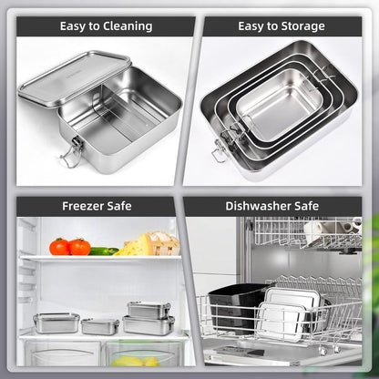 VIKCOLEE 4 PCS Stainless Steel Bento Box 4-Size, Metal Lunch Box, Food Containers, Lunch Container for Home, Work, Camping (550ml+850ml+1400ml+2400ml)