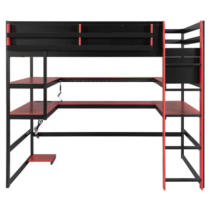DNYN Gaming Loft Bed with Built-in Desk and Storage Shelves for Teens/Adults Bedroom, Space-Saving Full Size Wooden Bed Frame with LED & Side Race, No Box Spring Needed