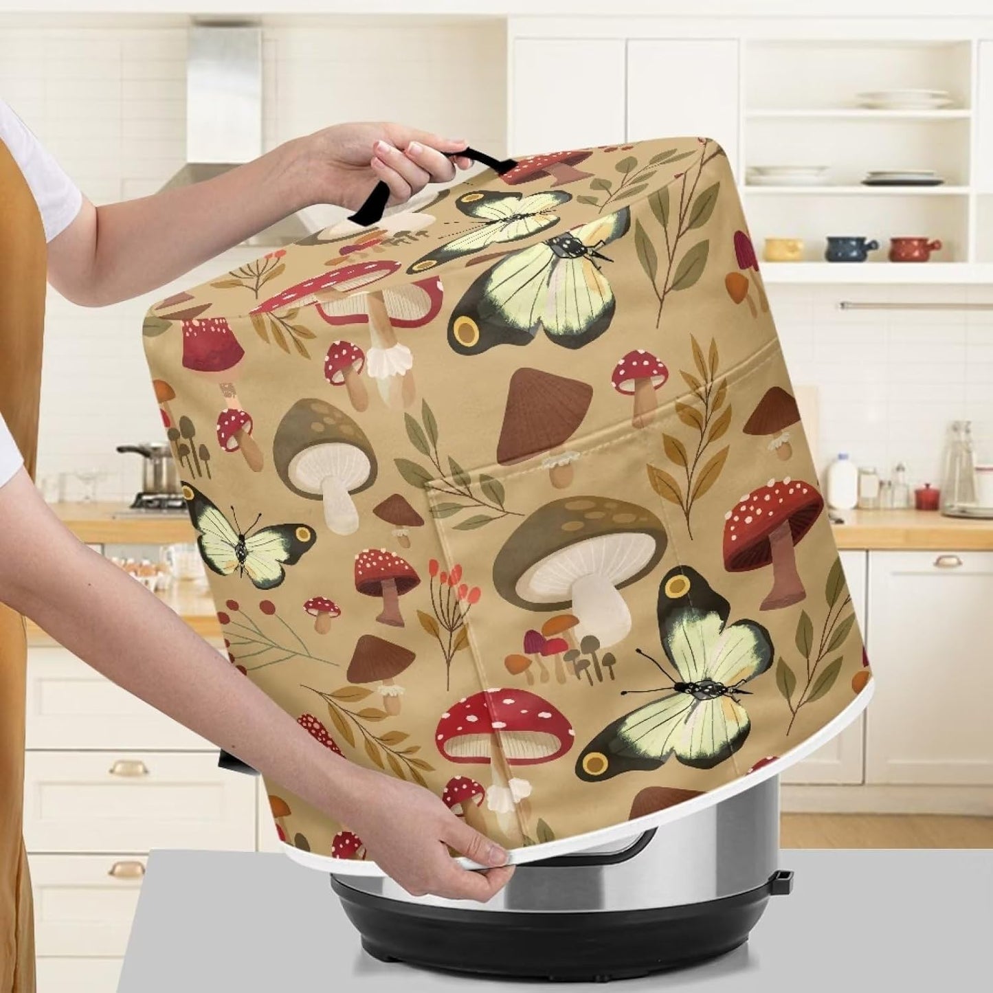 Art Mushroom Pressure Cooker Cover, Dust-proof Cover for Rice Cooker & Air Fryer, Kitchen Appliance Covers with Pocket