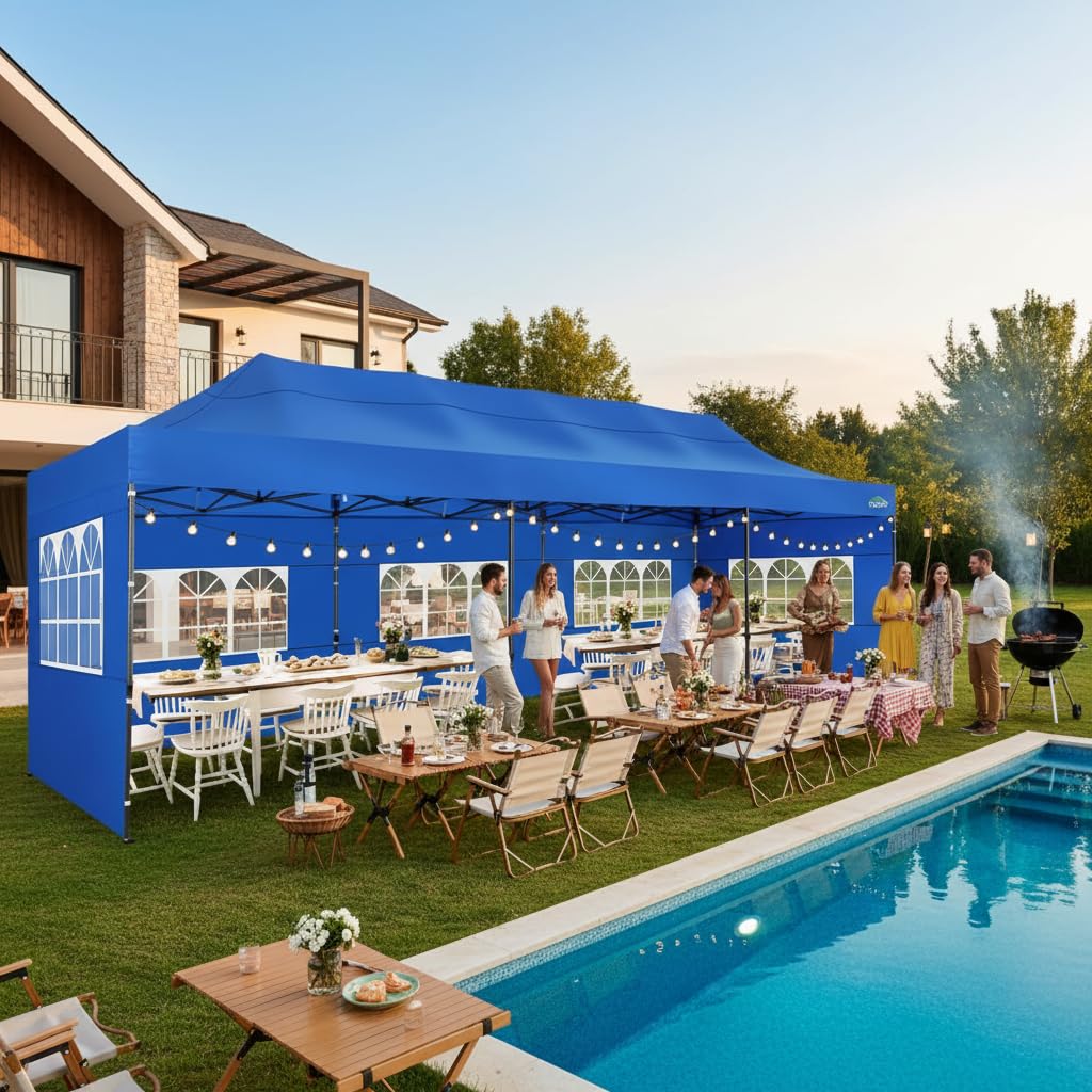 COBIZI 10x30 Pop up Canopy Heavy Duty Outdoor Extra Thick Frame Tents with 8 sidewalls for Parties UPF 50+ Waterproof Commercial Gazebo with Roller Bag, Blue(Windproof Upgraded)