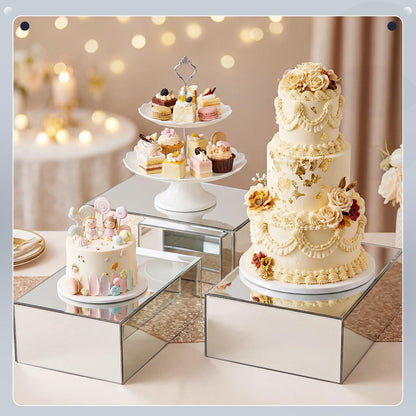 BrightRow 3 Pack Extra Large Acrylic Buffet Risers - 14” 13” 12” Silver Cube Display Stands with Hollow Bottoms, Table Display Boxes Set for Food Dessert Cake Drink Catering Party Supplies