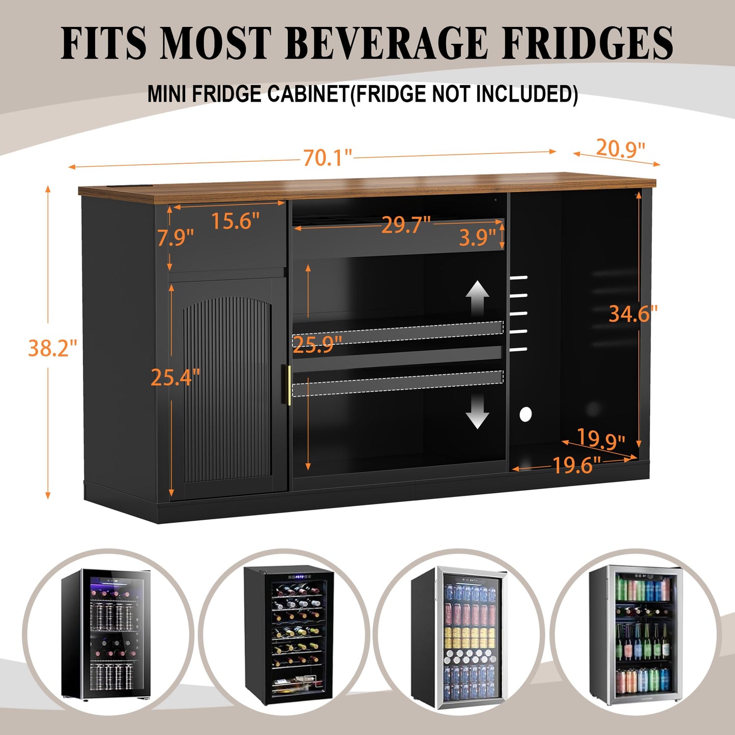 GDLF Snack Bar Cabinet with Fridge Space, 70.1" Snack Organizer with Storage and Candy Display Shelf, Coffee Station for Home Theater or Game Room with LED Lights, Black