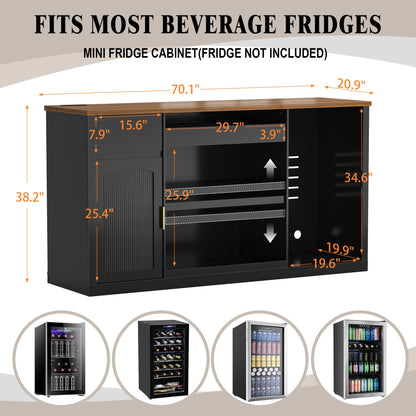 GDLF Snack Bar Cabinet with Fridge Space, 70.1" Snack Organizer with Storage and Candy Display Shelf, Coffee Station for Home Theater or Game Room with LED Lights, Black