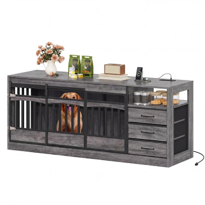 Homiflex 68.9" Large Dog Crate Furniture with 3 Storage Drawers Farmhouse Dog Kennel TV Stand Indoor for Large Medium Dogs Decorative Dog Cage with Sliding Barn Door & Power Outlet Grey
