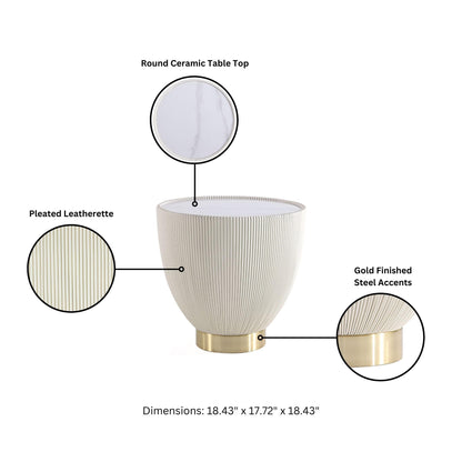 Manhattan Comfort Modern Anderson Coffee Table, 1.0 & 2.0 End Table, Upholstered in Cream Leatherette with Ceramic Faux Tabletop and Gold Metal Tabletop- Set of 3