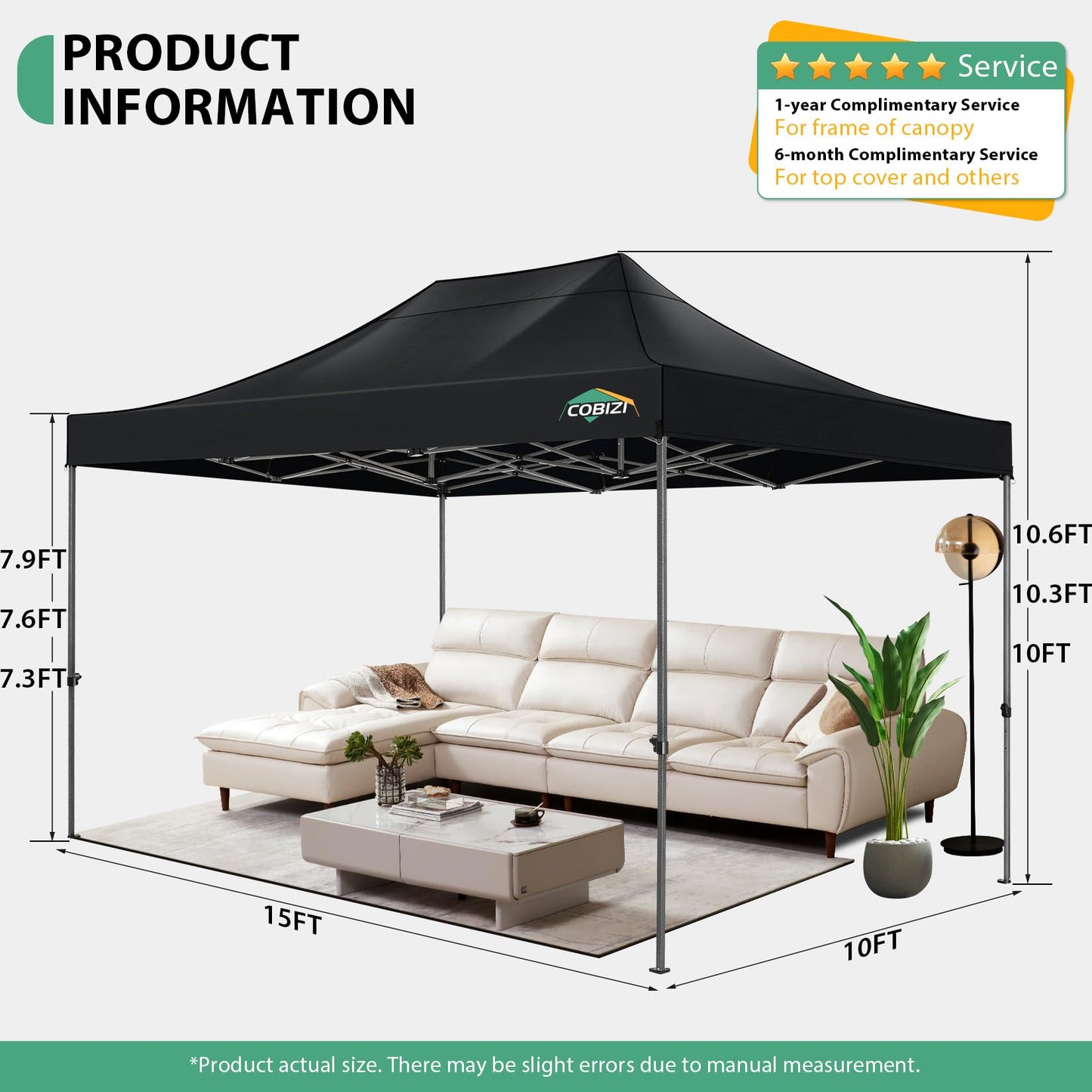 COBIZI 10x15 Pop up Canopy Tent Heavy Duty, Easy Set-up Commercial Outdoor Party Tent, 100% Waterproof Wedding Tents Gazebo, 3 Height Adjustable with Wheeled Bag, Black
