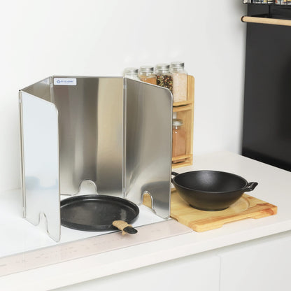Splatter Guard for Cooking - Grease Splatter Screen - 4 Sided Splatter Guard Compact Type - Stainless Steel - Unfold 33.26 in x 14.17 in - Fold 8.26 in x 14.17 in x 0.86 in