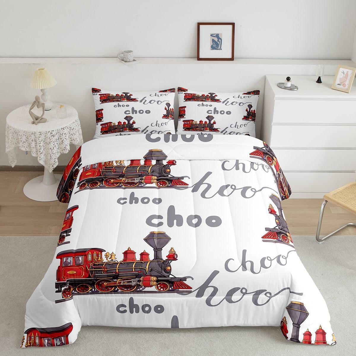 Set Set Set Set 1 Feelyou Cartoon Car Bedding Kids Train Comforter Boys Girls Choo-Choo Rail Roads Tracks Decor