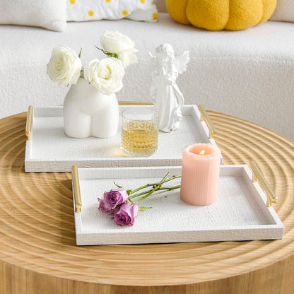 MACVAD Set of 2 Modern Elegant Large Wood Serving Tray, Rectangle Decorative Tray Ottoman Tay Coffee Table Tray, Pearl White Crocodile Leather with Gold Polished Metal Handles