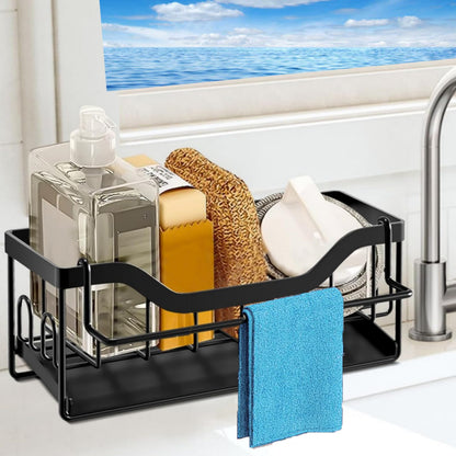 SWILLE Sponge Holder for Kitchen Sink - Sink Caddy Organizer with Auto Drain Tray, Detachable Towel Rack, Stainless Steel Kitchen Counter Organizer Rack, Black