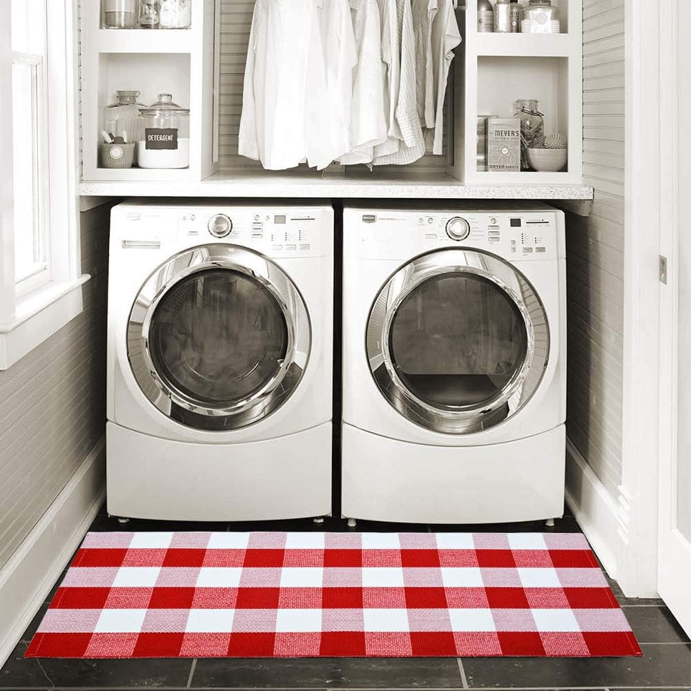 USTIDE Cotton Buffalo Plaid Rug, Red & White Check, 23.6"X51", Hand-Woven Indoor/Outdoor Washable Carpet