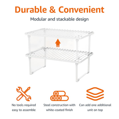 Amazon Basics Space-Saving Stackable Metal Kitchen Cabinet Organizer Shelves for Dishes, Pantry Organization, 12.5" L x 8" D x 4.5" H, Set of 2, White