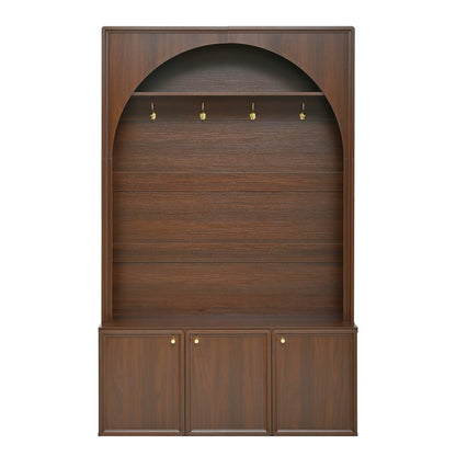 Merax Farmhouse Hall Tree with Bench and 3 Cabinets, 4-in-1 Entryway Coat Rack with 4 Golden Hooks and Top Compartments, 77.5" Retro Arched Entryway Hall Tree for Hallway, Mudroom, Entrance, Walnut