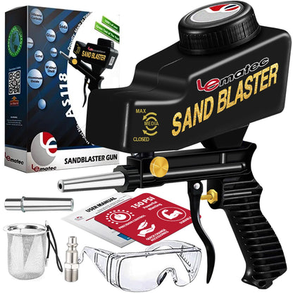 LE LEMATEC Portable Sand Blaster Gun for Small Projects - Required150PSI Air Compressor (4+ CFM) Detail Work, Rust Removal, Glass Etching - Black (AS118)