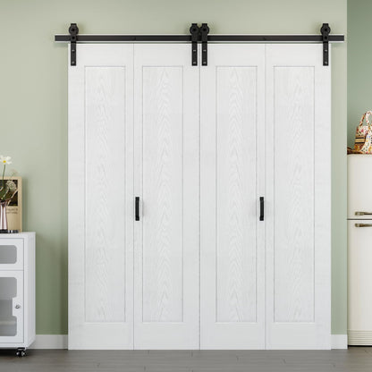 64" x 84" 1 Panel Bifold Barn Door, 72" Track Kit for 4 Closet Doors, Pre-Assembled Panel Bi-fold Barn Door for Pantry, Primed White Finish with Water-Resistant and Scratch-Resistant, Paintable