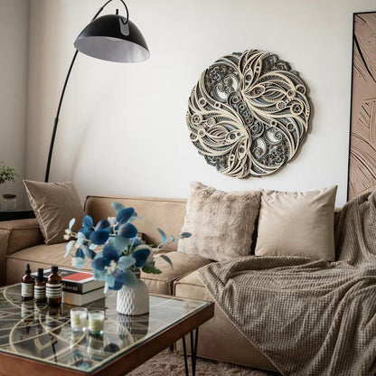 FARIDRUN Multi-layer wall art, large geometric wooden wall art, mandala laser-cut art, 3D murals, tapestries, wall decorations(23.6 inches x 23.6 inches)