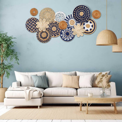 Xuhal 15 Pcs Boho Wall Basket Decor Handcrafted Seagrass Woven Wall Basket Rustic Round Woven Hanging Art for Home Farmhouse Kitchen Table Living Room(Blue Classic Style)