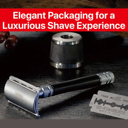 Feather - Wood Handle Stainless Double Edge Razor with Wood Inlay Stainless Steel Stand - With Resin-Impregnated Handle & Stand - Includes 5 Hi-Stainless Blades - Made in Japan