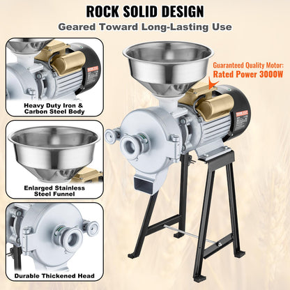 VEVOR Electric Grain Mill Grinder, 3000W Spice Grinders, Commercial Corn Mill with Funnel, Thickness Adjustable Powder Machine, Heavy Duty Feed Flour Cereal Mill Wheat Grinders, Dry & Wet Grinder